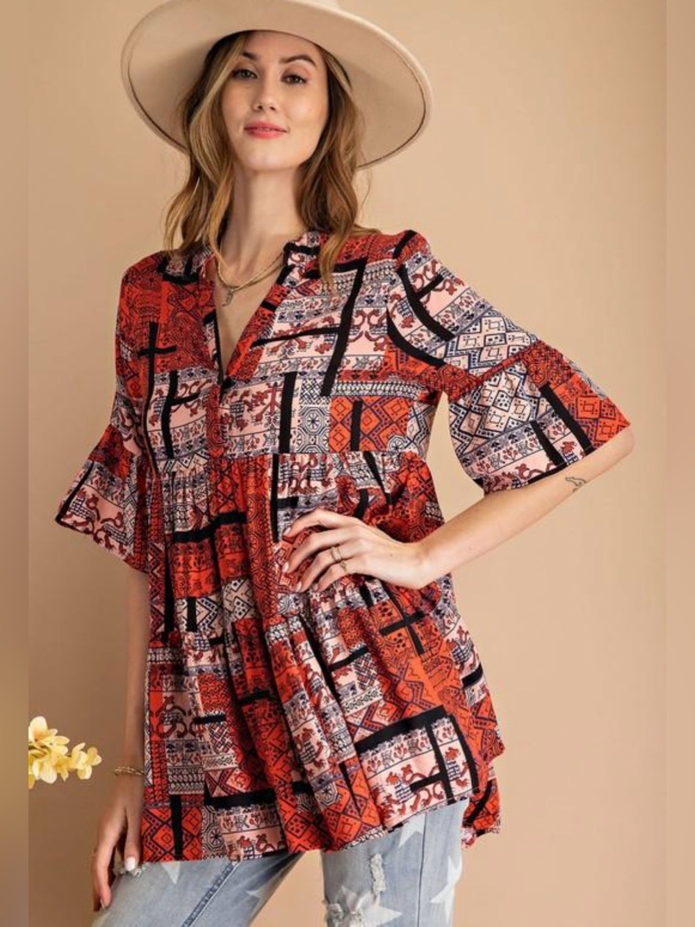 Boutique Brand, easel,  Red and Black Patchwork Print Tiered Tunic